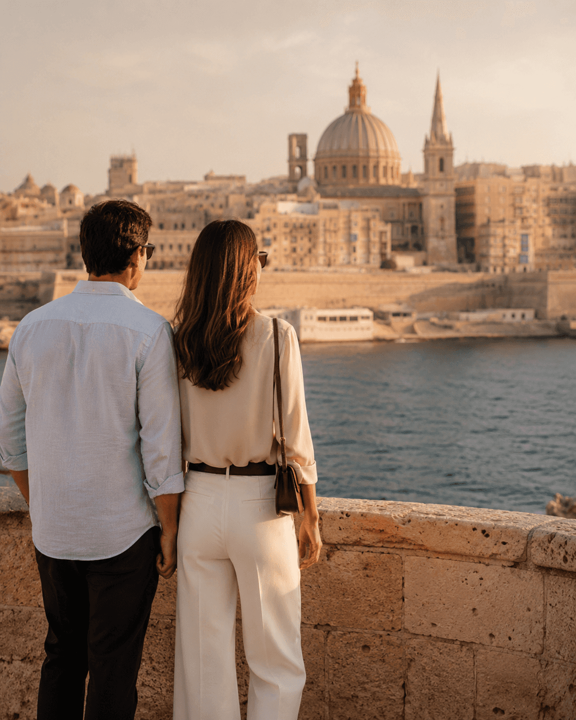 A couple in Malta watching beautiful buildings.