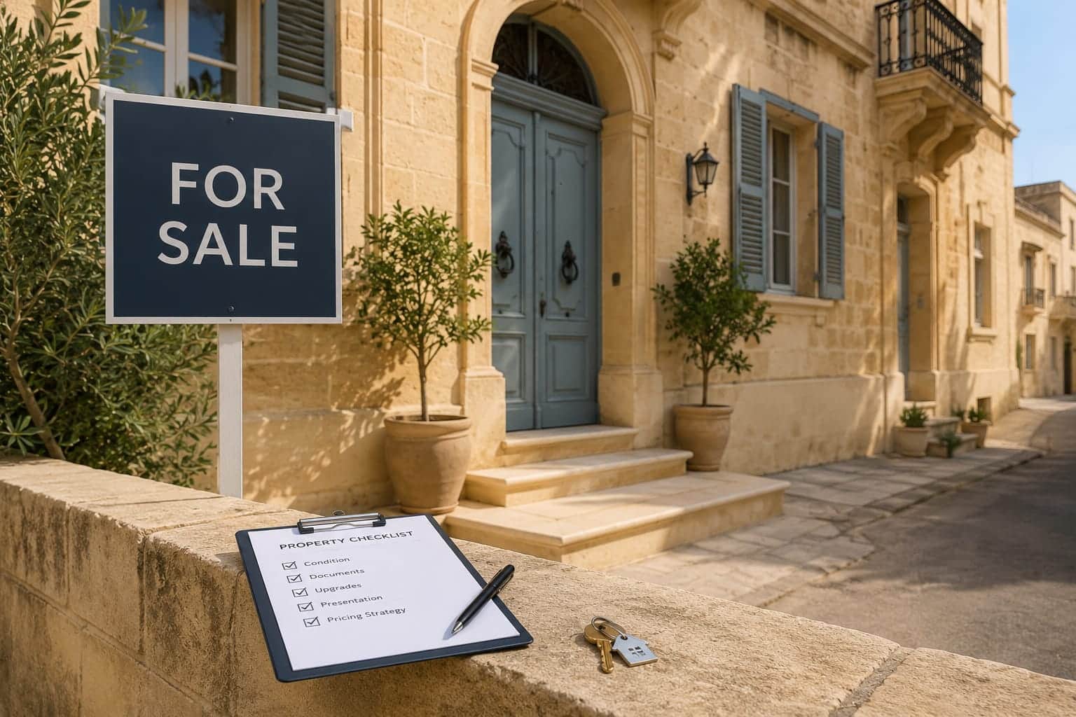Sign for selling and a document with points what to check on the property.